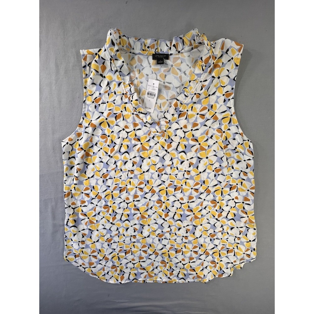 Ann Taylor Factory Floral Sleeveless Ruffle Vneck Tank Top Womens Large NEW